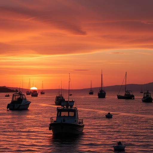 Atardecer sobre las r&radic;&ne;as gallegas, con barcos pesqueros navegando en aguas tranquilas.