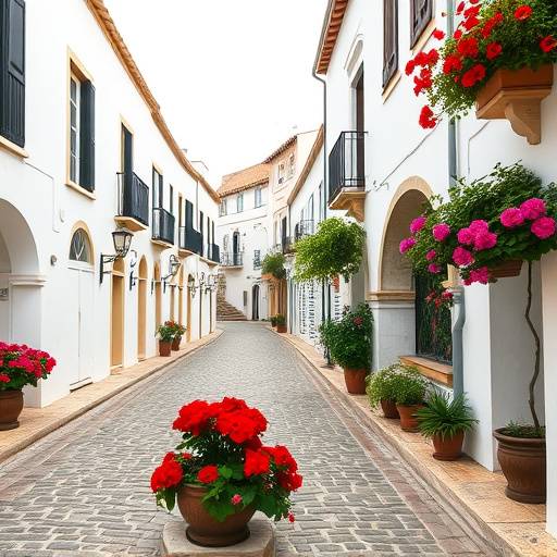 Calle empedrada de un pueblo blanco andaluz con geranios en los balcones.