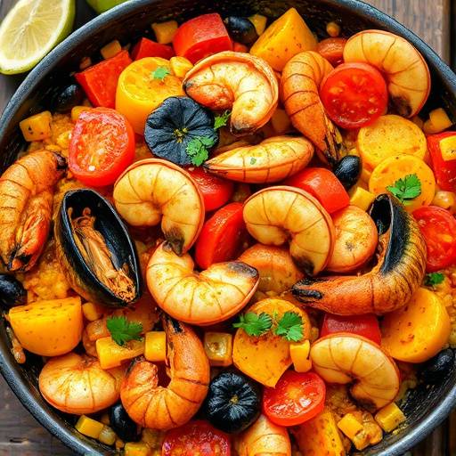 Imagen de un plato de paella valenciana reci&eacute;n hecha con mariscos y verduras