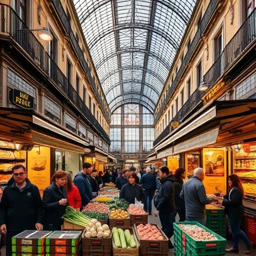 Mercado de San Miguel en Madrid, con puestos de tapas y productos frescos.