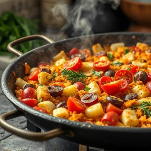 Paella humeante servida en una paellera, con ingredientes frescos.