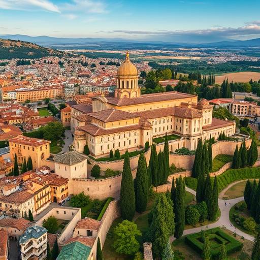 Vista a&radic;&copy;rea de la Alhambra en Granada, rodeada de jardines.