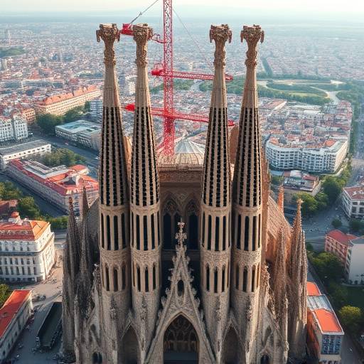 Vista a&radic;&copy;rea de la Sagrada Familia en Barcelona, con sus torres ic&radic;&ge;nicas.